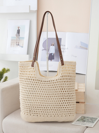 Női szövött tote táska pamutszállal, függőleges négyszögletes forma, pamut bélés, nyitott felső rész, nyár 2024