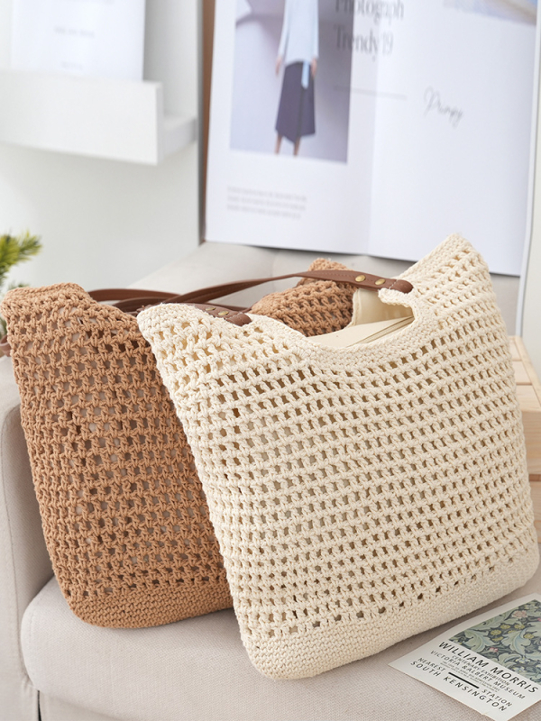 Női szövött tote táska pamutszállal, függőleges négyszögletes forma, pamut bélés, nyitott felső rész, nyár 2024