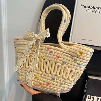 Pamutból készült bucket táska, kézzel szőtt, háromdimenziós dizájn, nyitott felső, mindennapi használatra