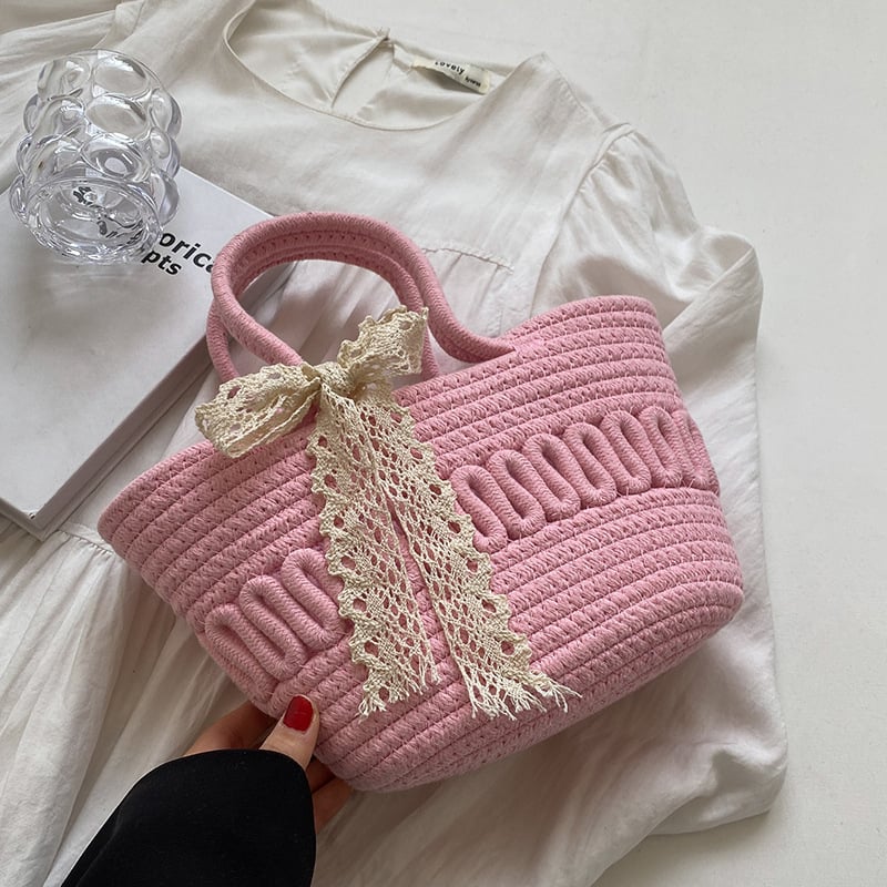 Pamutból készült bucket táska, kézzel szőtt, háromdimenziós dizájn, nyitott felső, mindennapi használatra