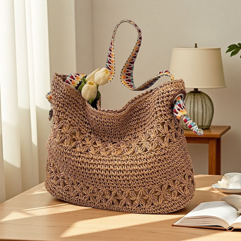 Női szalma-kötött táska nyaraláshoz, stílus: nyaralós, anyag papír, cipzáras zárás, vízszintes négyzetes forma, belső zseb a telefon számára