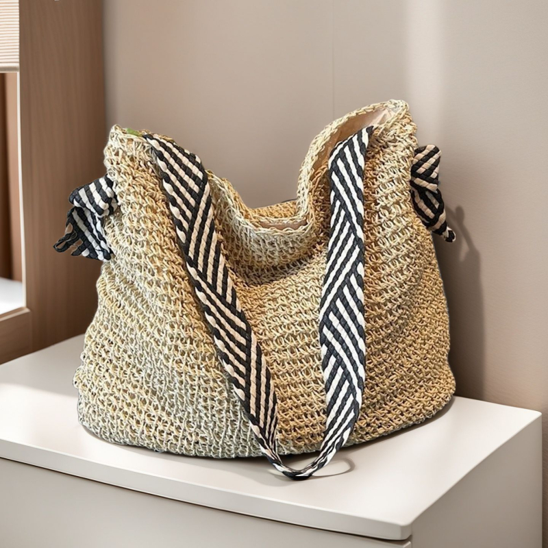 Női szalma-kötött táska nyaraláshoz, stílus: nyaralós, anyag papír, cipzáras zárás, vízszintes négyzetes forma, belső zseb a telefon számára