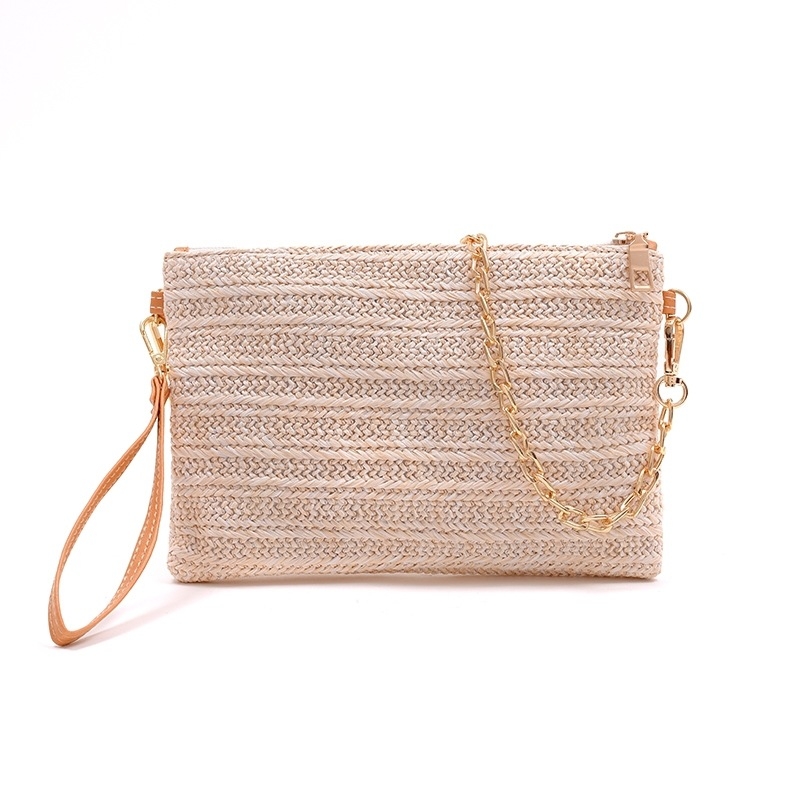 Ženska slamnata crossbody torba - mali kvadratni stil, horizontalni kvadratni oblik, zatvaranje na zip, unutarnji džep sa zipom i džep za mobitel - Ljeto