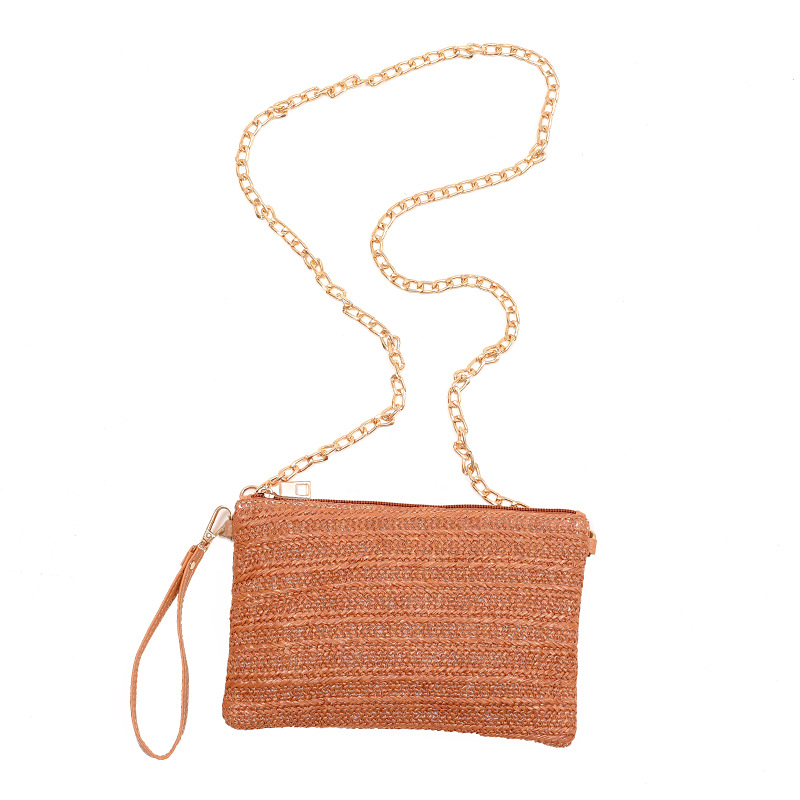 Ženska slamnata crossbody torba - mali kvadratni stil, horizontalni kvadratni oblik, zatvaranje na zip, unutarnji džep sa zipom i džep za mobitel - Ljeto