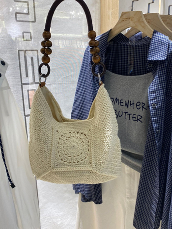 Ručno pletena pamučna užad torba tote, japansko-korejski stil, vodoravni kvadratni oblik, magnetska kopča, unutarnja džep za dokumente, jedna naramenica