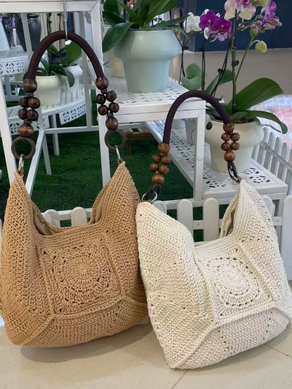Ručno pletena pamučna užad torba tote, japansko-korejski stil, vodoravni kvadratni oblik, magnetska kopča, unutarnja džep za dokumente, jedna naramenica