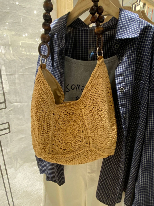 Ručno pletena pamučna užad torba tote, japansko-korejski stil, vodoravni kvadratni oblik, magnetska kopča, unutarnja džep za dokumente, jedna naramenica