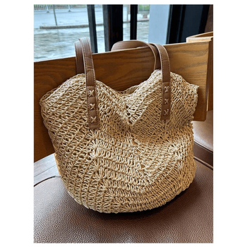 Női szalma tote táska, városi minimalist stílus, cipzáras záródás, poliészter bélés, vízszintes négyzet alakú forma, dupla vállpánt, nyár 2024