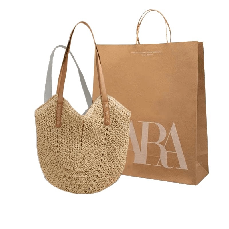 Női szalma tote táska, városi minimalist stílus, cipzáras záródás, poliészter bélés, vízszintes négyzet alakú forma, dupla vállpánt, nyár 2024