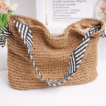 Kézzel szőtt szalma Tote táska, nagy kapacitású, vállon viselhető, strandos kivágásokkal, horizontális négyzet alakú forma, belső zseb a telefon számára, városi minimalist stílus, 2025 nyár