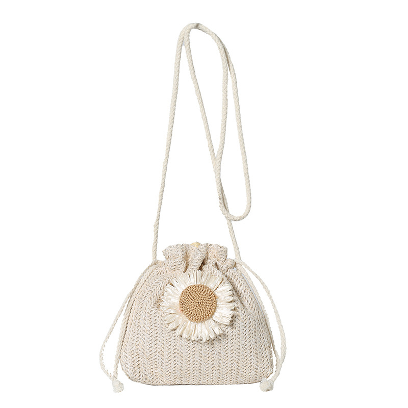 Slamnata bucket torba, stil Fresh and Sweet, s vezicom za zatvaranje, poliester podstava, jedna naramenica