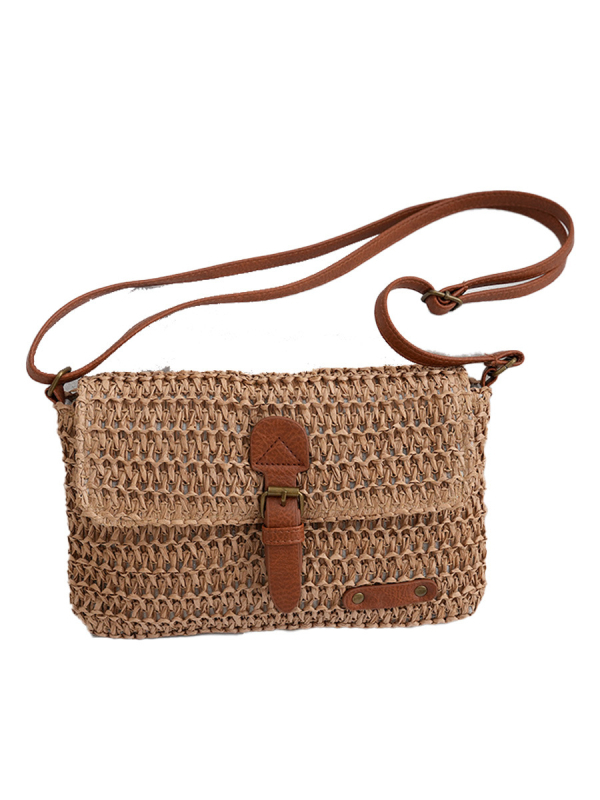 Női szalma fonott crossbody táska, horizontális négyszög alakú, cipzáras zárás, egy vállpánttal, mindennapi használatra