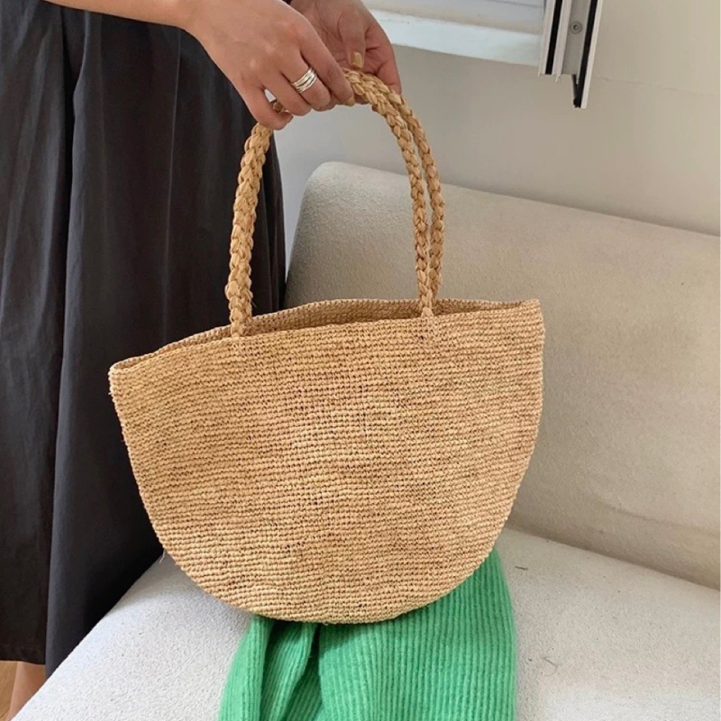 Raffia szőtt tote táska, casual utazáshoz, dupla vállpánttal, bélés nélkül