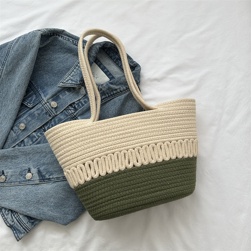 Utcai stílusú szalmaszálból készült bucket bag, kosár alakú formával, poliészter bélés, dupla vállpánt, Jin He Tang Chao márka