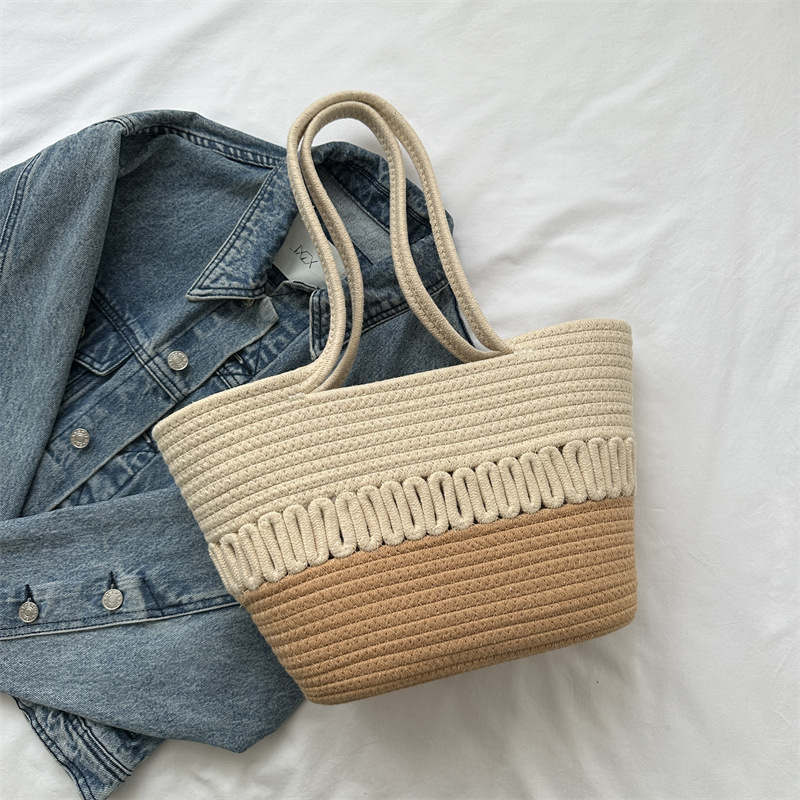 Utcai stílusú szalmaszálból készült bucket bag, kosár alakú formával, poliészter bélés, dupla vállpánt, Jin He Tang Chao márka