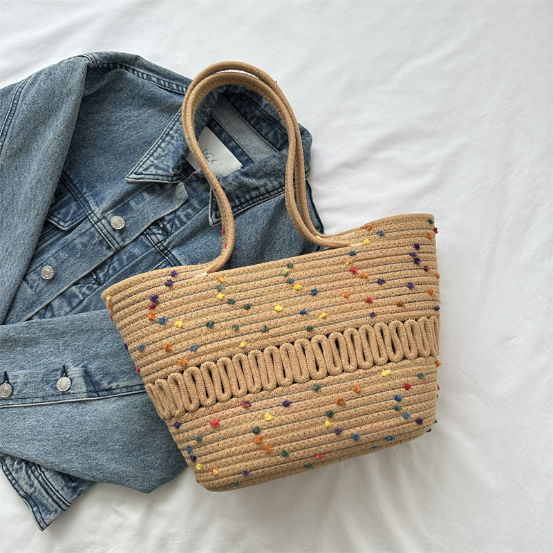 Utcai stílusú szalmaszálból készült bucket bag, kosár alakú formával, poliészter bélés, dupla vállpánt, Jin He Tang Chao márka