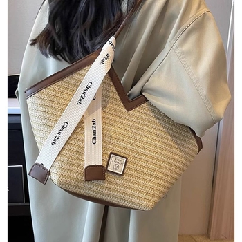 Geantă de umăr din paie, stil etnic, cu fermoar, căptușeală din poliester și bretele duble