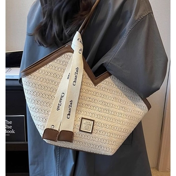 Geantă de umăr din paie, stil etnic, cu fermoar, căptușeală din poliester și bretele duble