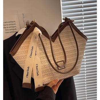 Geantă de umăr din paie, stil etnic, cu fermoar, căptușeală din poliester și bretele duble