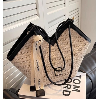 Geantă de umăr din paie, stil etnic, cu fermoar, căptușeală din poliester și bretele duble