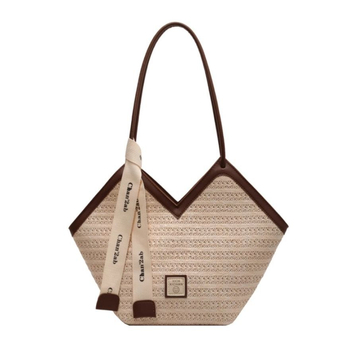 Geantă de umăr din paie, stil etnic, cu fermoar, căptușeală din poliester și bretele duble