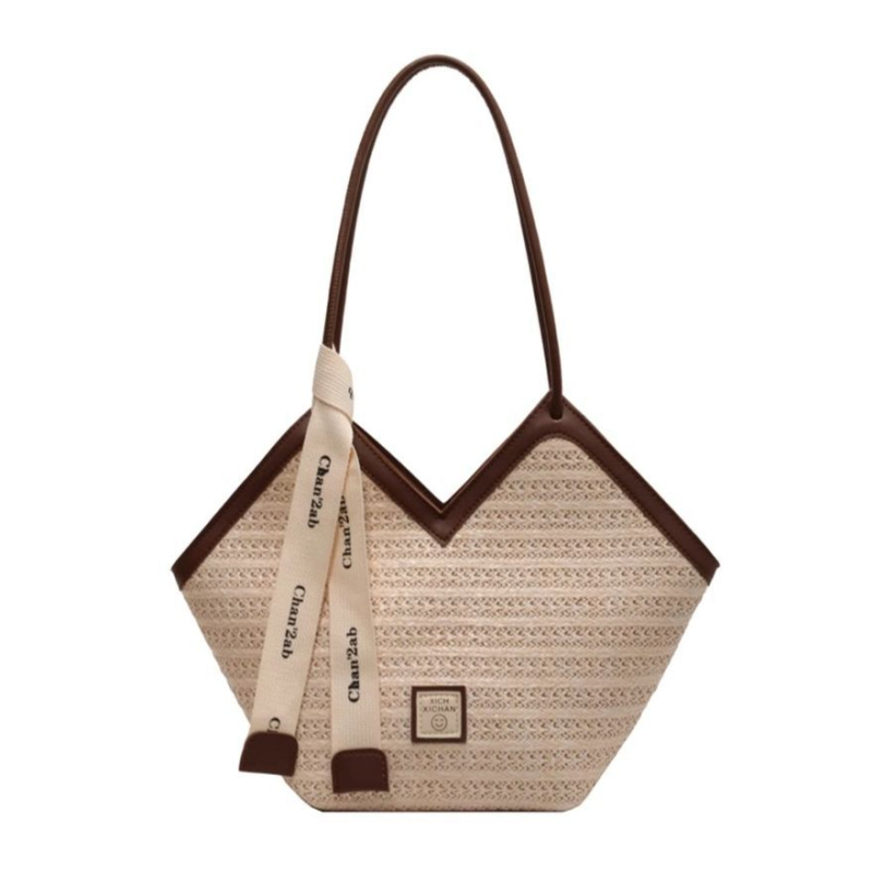 Geantă de umăr din paie, stil etnic, cu fermoar, căptușeală din poliester și bretele duble