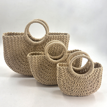 Geantă de paie lucrată manual, formă ovală, buzunar exterior deschis, separator intern