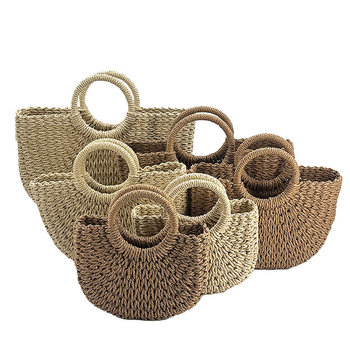 Geantă de paie lucrată manual, formă ovală, buzunar exterior deschis, separator intern