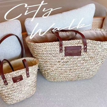 Slamnata tote torba cilindričnog oblika — otvoreni vrh, najlonska podstava, unutarnja pretinica za mobitel, unisex stil
