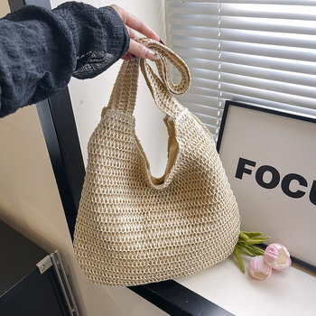 Geantă de plajă împletită din pai – tote cu capacitate mare, deschidere deschisă, căptușită cu poliester, formă orizontală pătrată, mânere duble