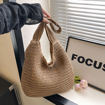 Geantă de plajă împletită din pai – tote cu capacitate mare, deschidere deschisă, căptușită cu poliester, formă orizontală pătrată, mânere duble