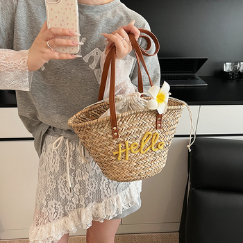 Geantă de paie tip bucket tote, deschisă, fără căptușeală, buzunar pentru telefon, mâneri duble, stil proaspăt și drăguț