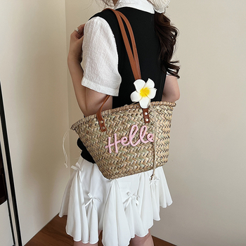 Geantă de paie tip bucket tote, deschisă, fără căptușeală, buzunar pentru telefon, mâneri duble, stil proaspăt și drăguț