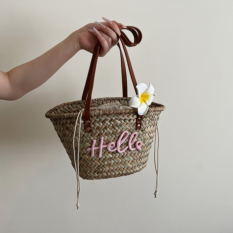 Geantă de paie tip bucket tote, deschisă, fără căptușeală, buzunar pentru telefon, mâneri duble, stil proaspăt și drăguț