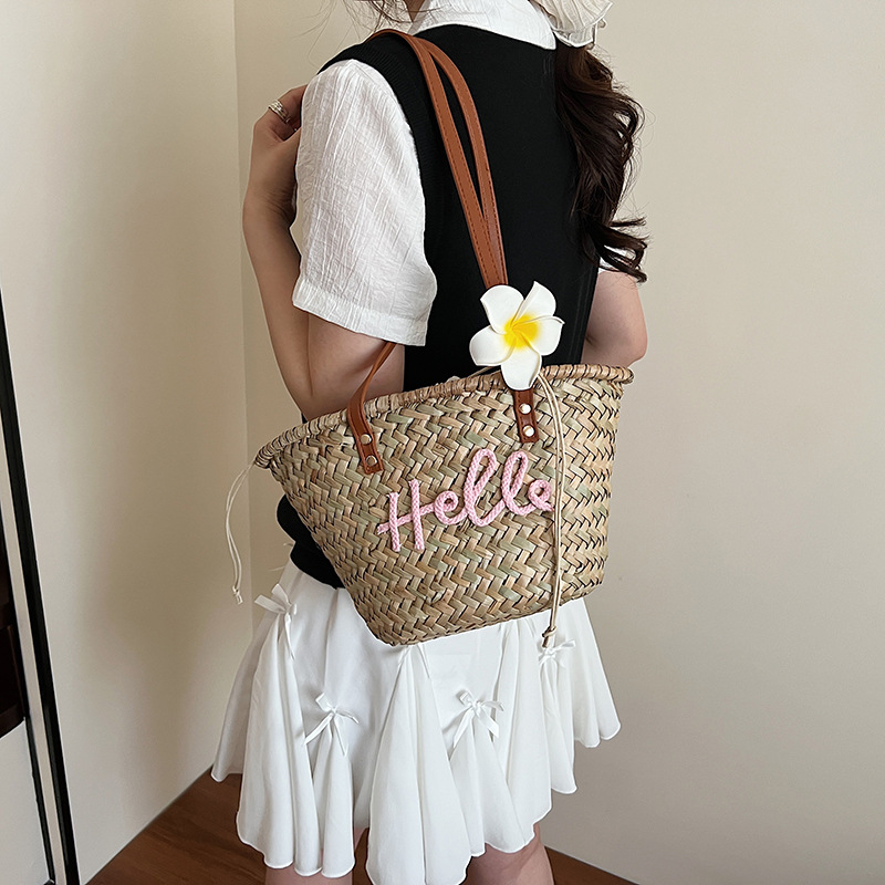 Geantă de paie tip bucket tote, deschisă, fără căptușeală, buzunar pentru telefon, mâneri duble, stil proaspăt și drăguț