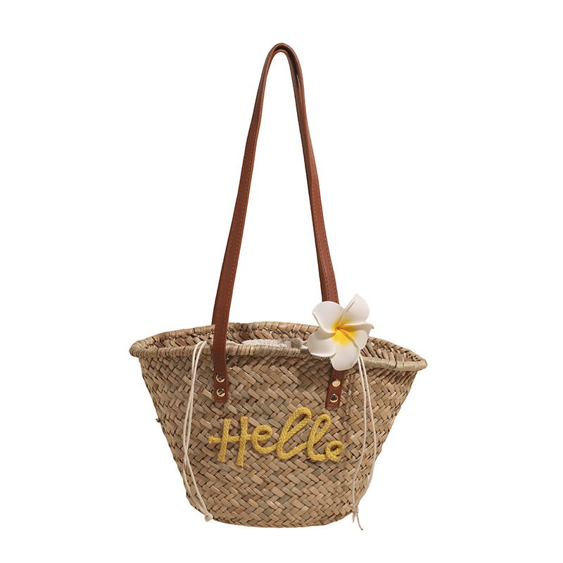 Geantă de paie tip bucket tote, deschisă, fără căptușeală, buzunar pentru telefon, mâneri duble, stil proaspăt și drăguț