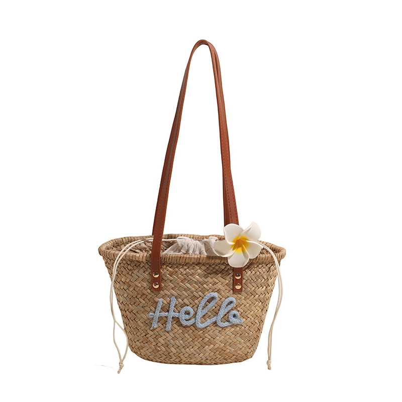 Geantă de paie tip bucket tote, deschisă, fără căptușeală, buzunar pentru telefon, mâneri duble, stil proaspăt și drăguț