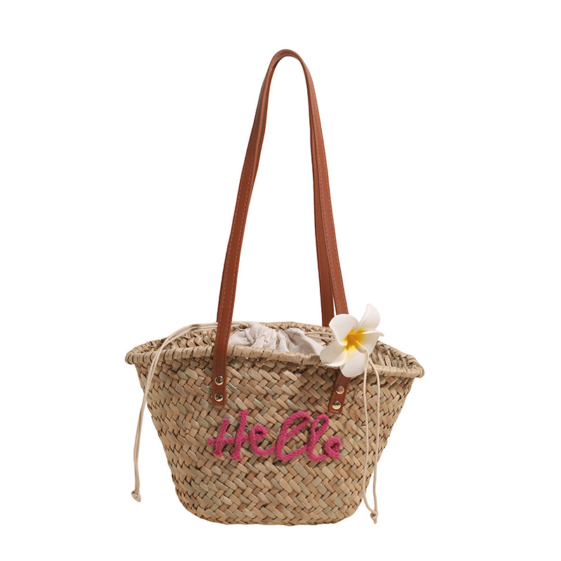 Geantă de paie tip bucket tote, deschisă, fără căptușeală, buzunar pentru telefon, mâneri duble, stil proaspăt și drăguț