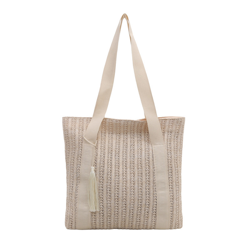 Geantă de paie împletită cu bretele duble, formă dreptunghiulară crossbody, fermoar la deschidere, buzunar interior cu fermoar