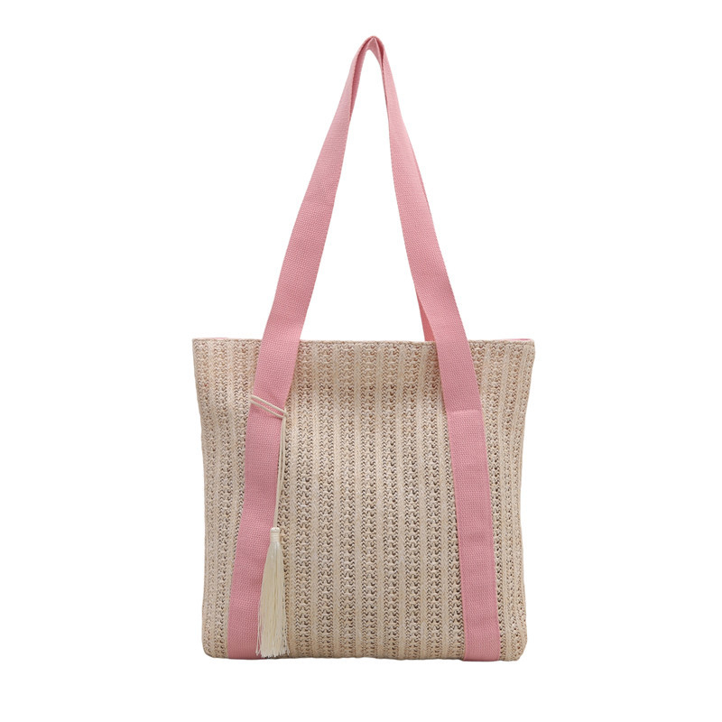 Geantă de paie împletită cu bretele duble, formă dreptunghiulară crossbody, fermoar la deschidere, buzunar interior cu fermoar