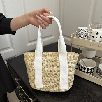 Geantă Tote din paie, stil urban simplu, formă orizontală pătrată, închidere cu magnet, buzunar interior pentru telefon