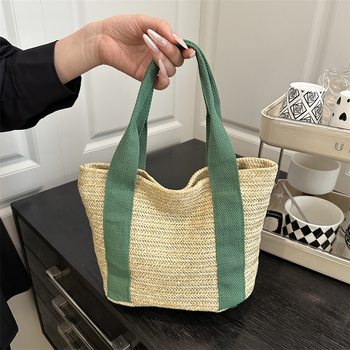 Geantă Tote din paie, stil urban simplu, formă orizontală pătrată, închidere cu magnet, buzunar interior pentru telefon