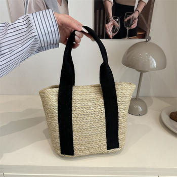 Geantă Tote din paie, stil urban simplu, formă orizontală pătrată, închidere cu magnet, buzunar interior pentru telefon