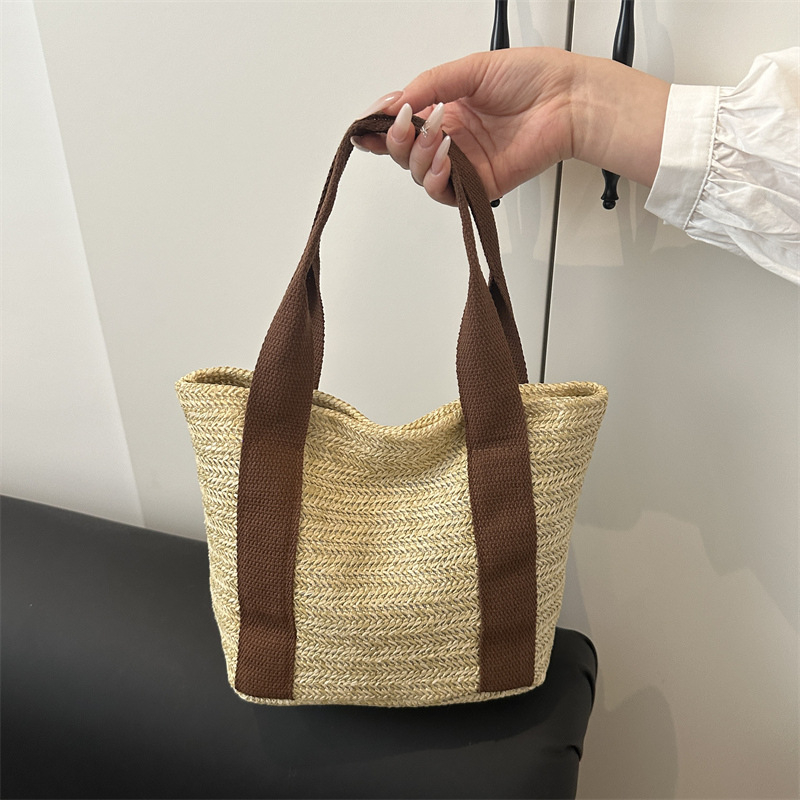 Geantă Tote din paie, stil urban simplu, formă orizontală pătrată, închidere cu magnet, buzunar interior pentru telefon