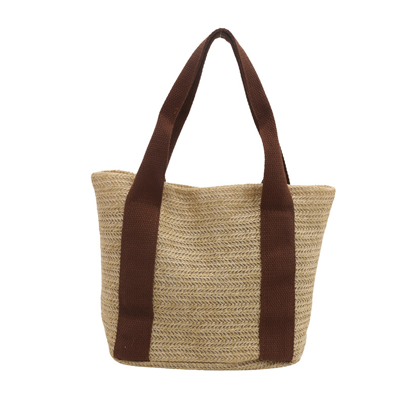 Geantă Tote din paie, stil urban simplu, formă orizontală pătrată, închidere cu magnet, buzunar interior pentru telefon