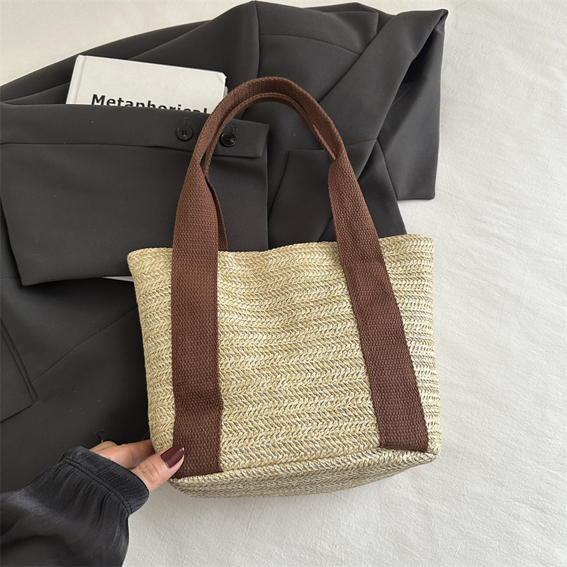 Geantă Tote din paie, stil urban simplu, formă orizontală pătrată, închidere cu magnet, buzunar interior pentru telefon