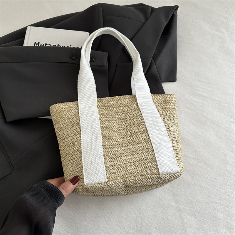 Geantă Tote din paie, stil urban simplu, formă orizontală pătrată, închidere cu magnet, buzunar interior pentru telefon