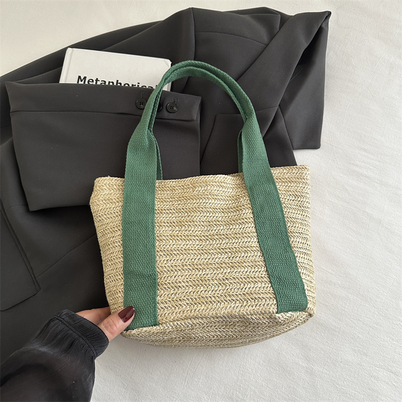 Geantă Tote din paie, stil urban simplu, formă orizontală pătrată, închidere cu magnet, buzunar interior pentru telefon