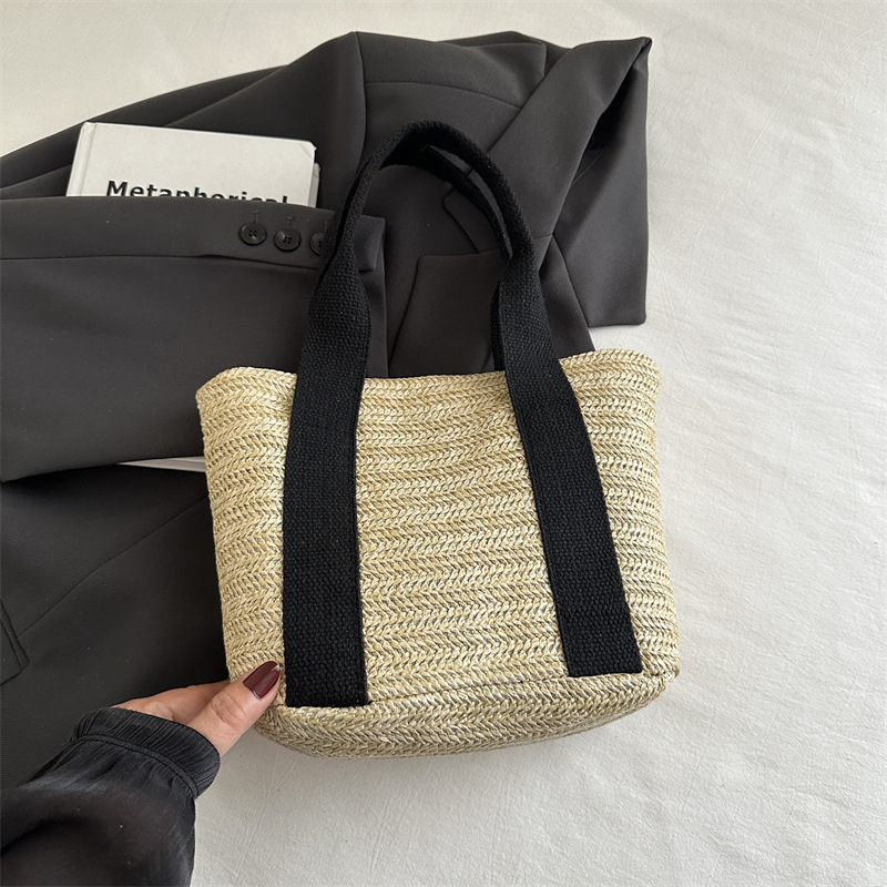 Geantă Tote din paie, stil urban simplu, formă orizontală pătrată, închidere cu magnet, buzunar interior pentru telefon