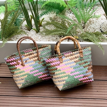 Ručno pletena slamena torba — unisex stil, uspravni kvadratni oblik, otvoreni gornji dio, trodimenzionalni vanjski dio